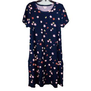 NWT Lularoe Jessie Swing Dress Dark Blue With Flowers Short Sleeve Stretch Sz M